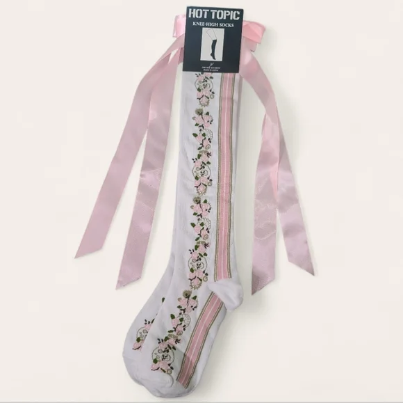 Hot Topic Pink and White Floral Knee-high Socks With Pink Ribbon Bow O/S - Picture 3 of 4